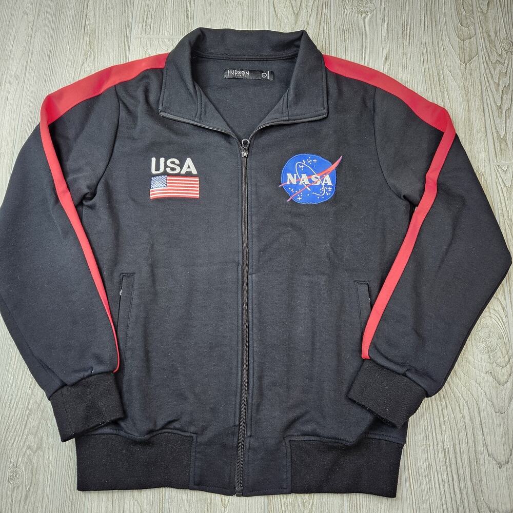 NASA Jacket Mens Large Black‎ Red Track Full Zip USA Flag Hudson Outerwear